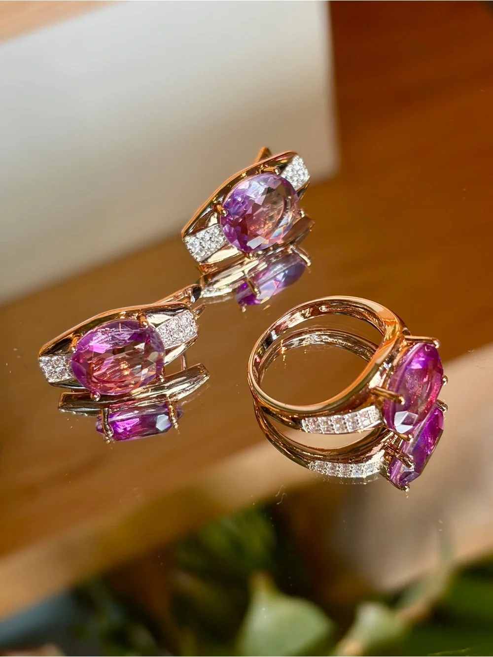 New Rose Gold Plated Pink Tourmaline-Inspired Gradient Jewelry Set ring in 7